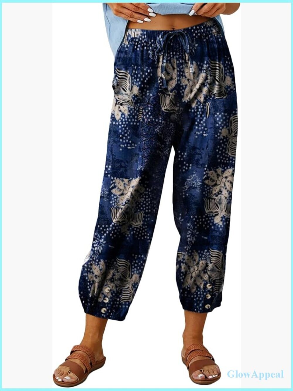High Waist Drawstring Cinch Bottom Capri Pants Cotton Loose Casual Trouser with